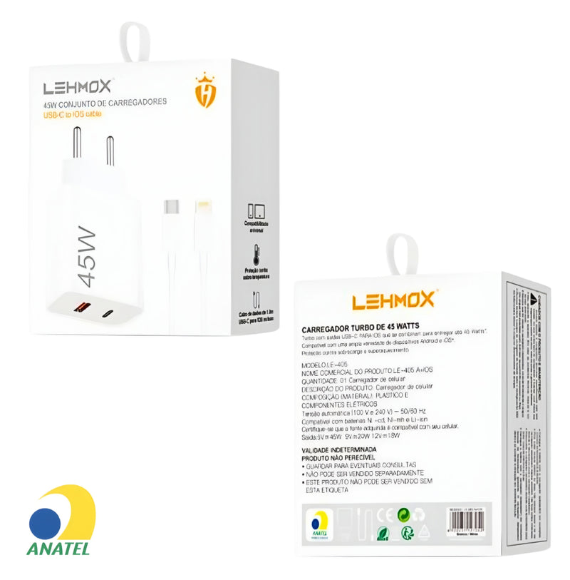 CARREGADOR PARA IPHONE TURBO 45W USB C/LIGHTNING LEHMOX LE-405 A+IOS