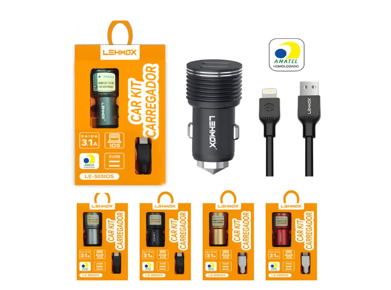 CARREGADOR VEICULAR 2 USB COM CABO PARA IPHONE 3.1A LEHMOX